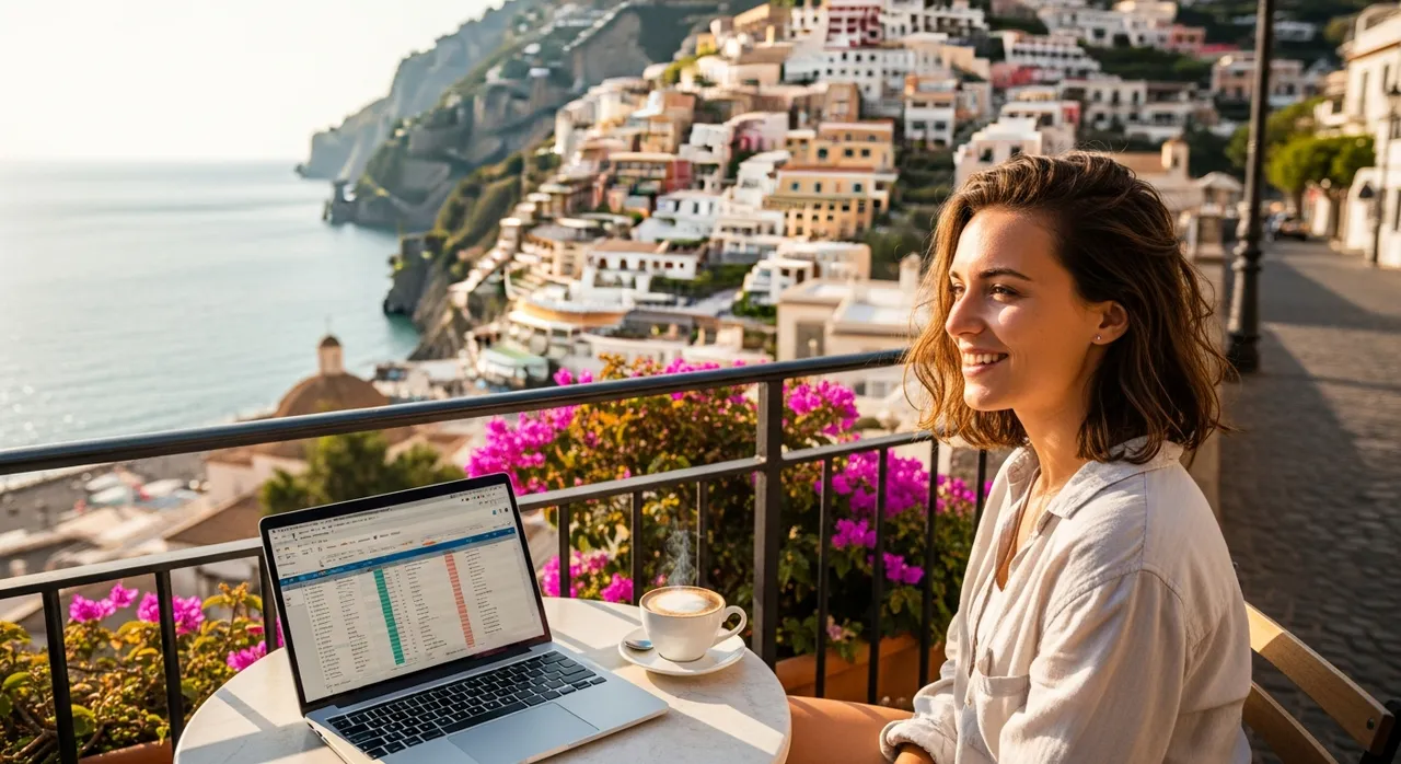 Young woman working remotely at a cafe terrace overlooking a European coastal town